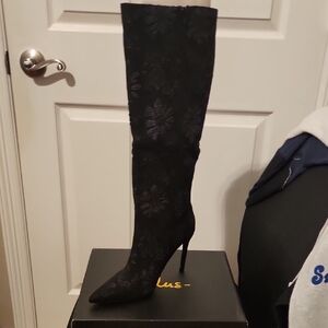 Lulu's Black Floral Over the Knee Boots
